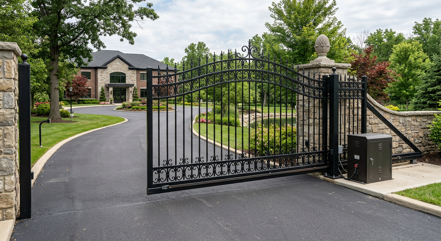Black wrought-iron automatic sliding driveway gate with operator motor at an American commercial property