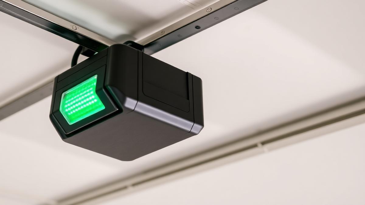 Garage door opener with battery backup pack mounted to the ceiling, status LED glowing green