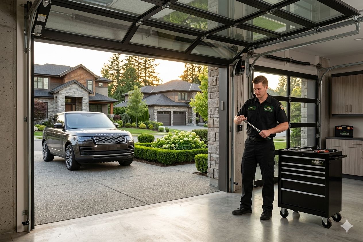 River City Garage Door Service technician in black uniform replacing a broken torsion spring on a modern glass-panel residential garage door at a luxury Evansville home