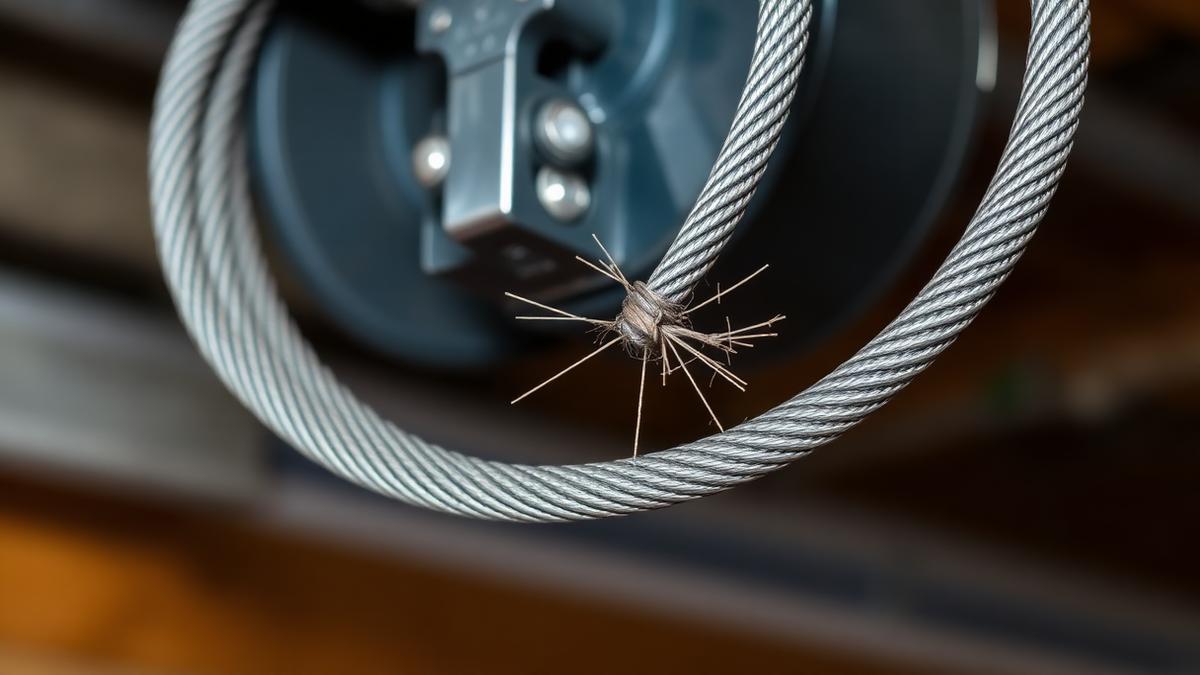 Frayed steel garage door cable wound around the cable drum