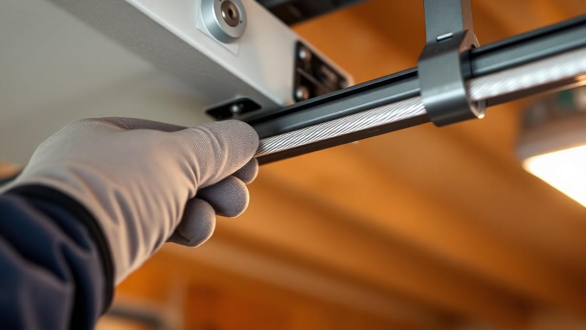 Technician threading a new shiny silver garage door cable onto the cable drum