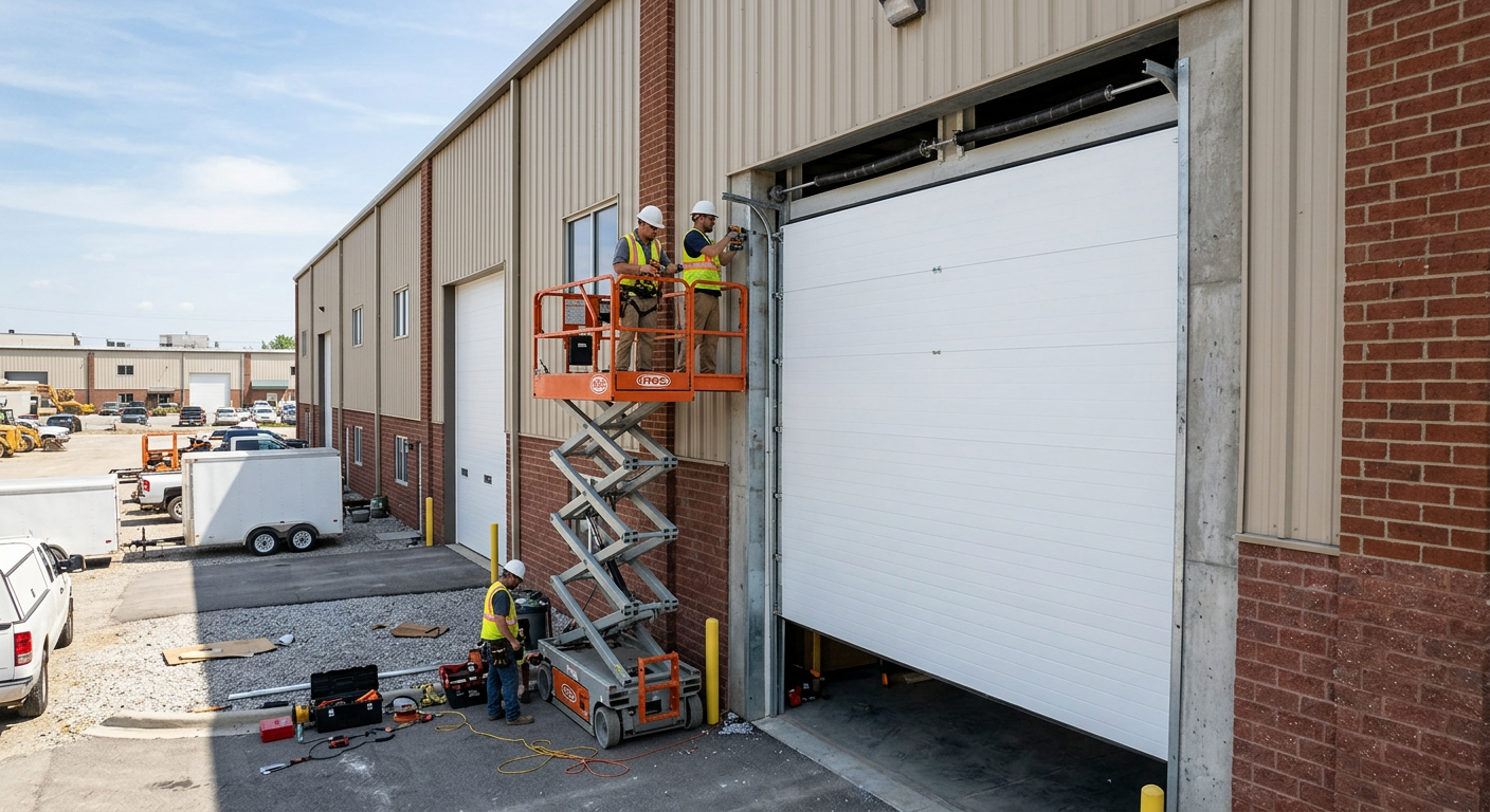 Crew installing a brand-new white commercial sectional overhead door on an American warehouse