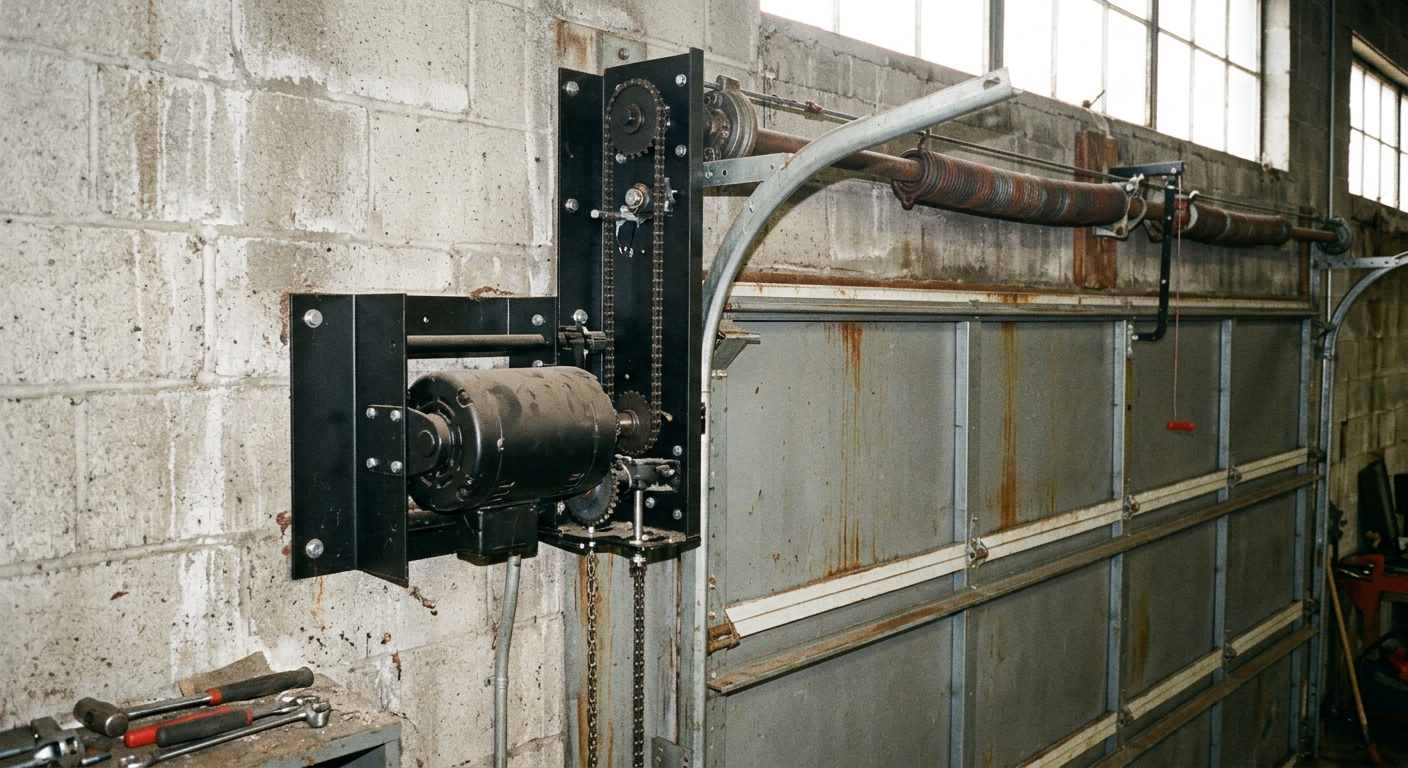 Heavy-duty industrial jackshaft commercial garage door opener mounted on a warehouse wall