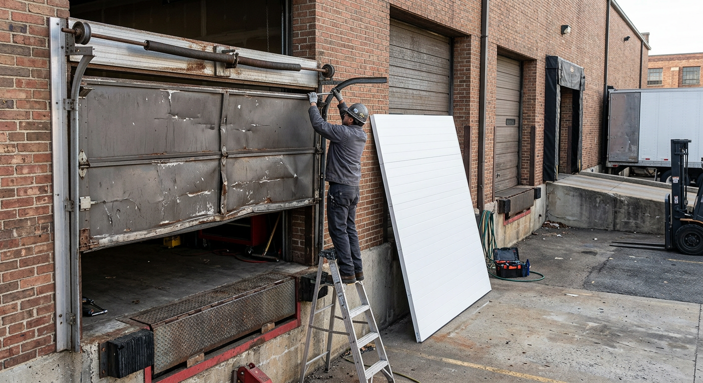 Old commercial overhead door being removed alongside a new sectional door panel at a warehouse loading bay