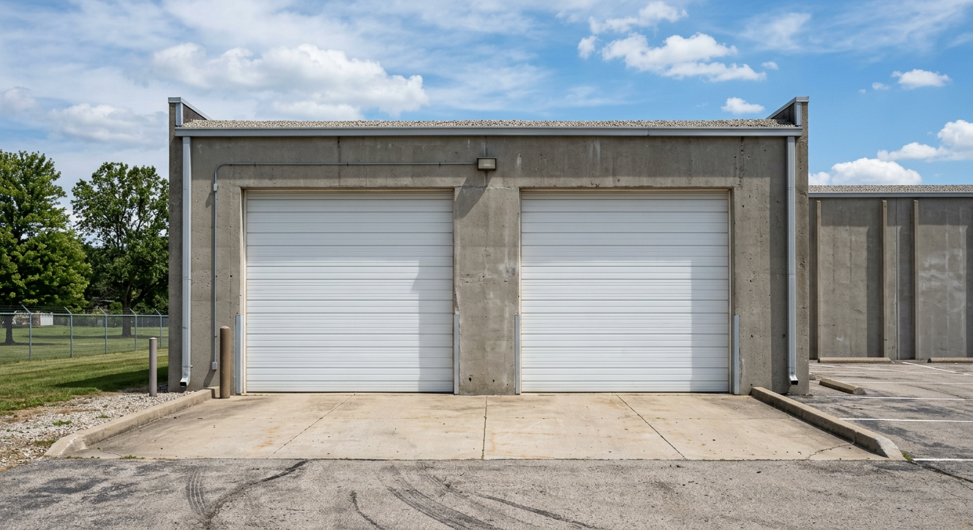 Two large commercial sectional overhead doors on the side of an American business warehouse