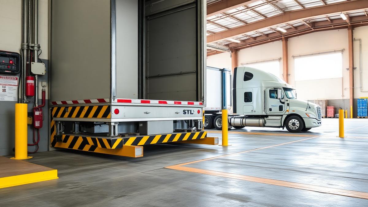 Hydraulic loading dock leveler and dock bumpers at a commercial warehouse loading bay