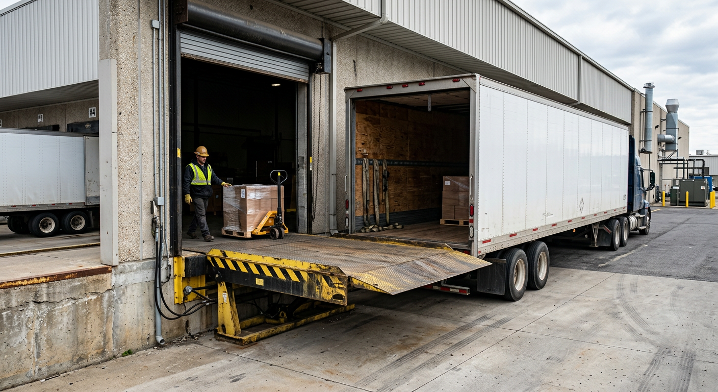 Hydraulic steel dock leveler at the loading bay of an American warehouse with a truck trailer backed up