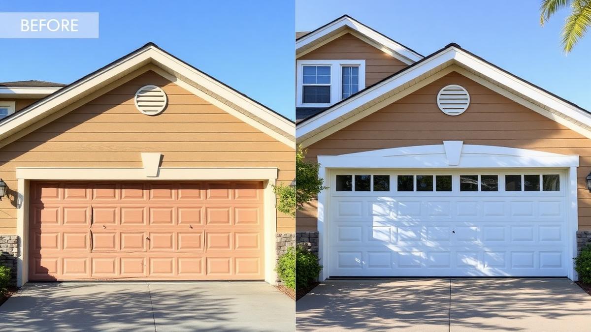 Before-and-after of a residential garage door replacement on an American suburban home
