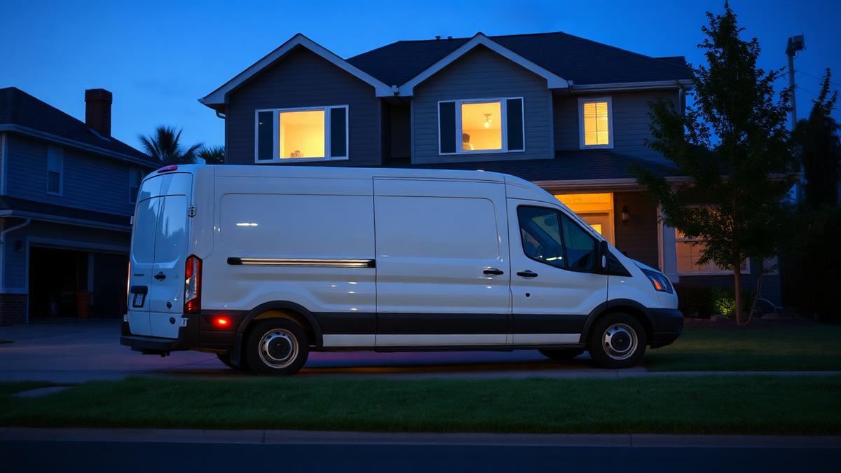 Service van parked in front of an American suburban home at twilight