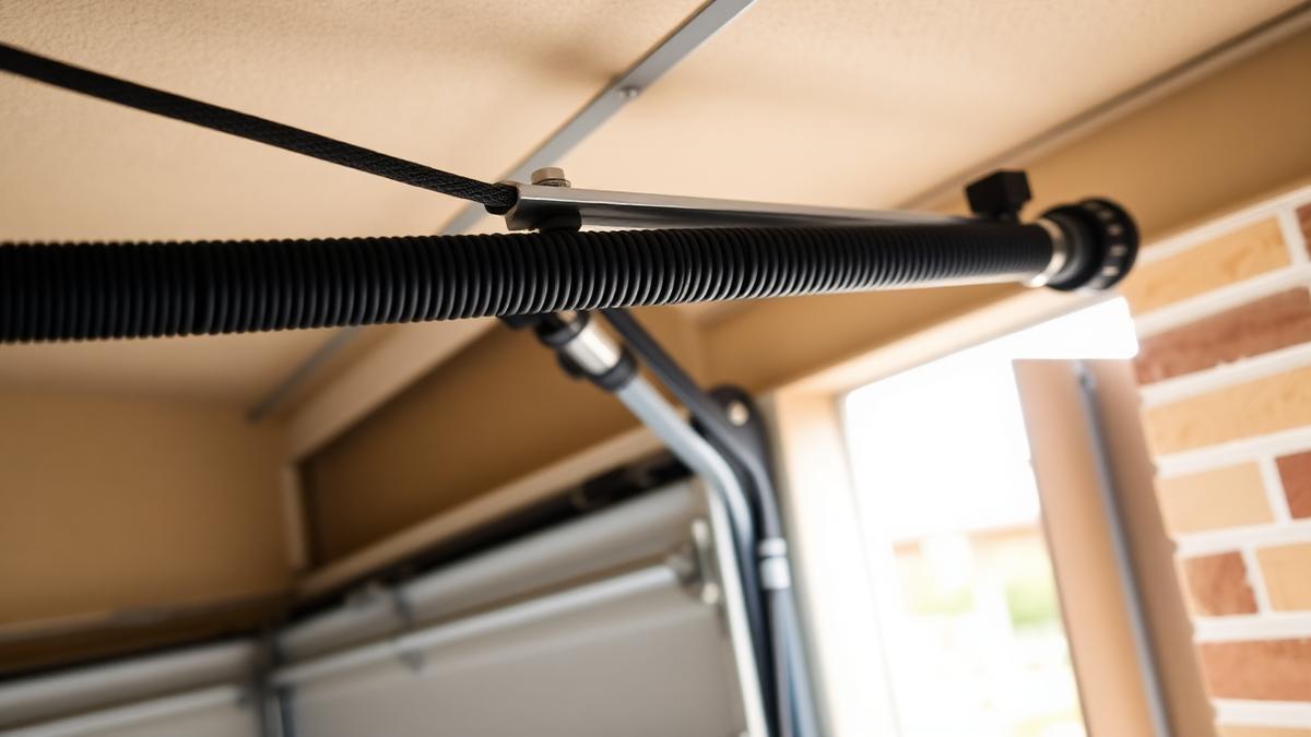 Black extension spring stretched along the upper track of a residential garage door