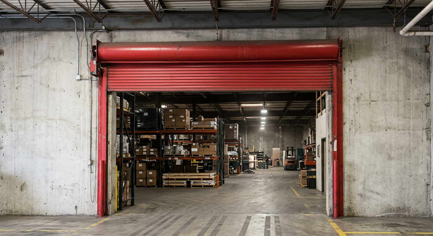 Red rolling steel fire-rated commercial door above an interior warehouse opening