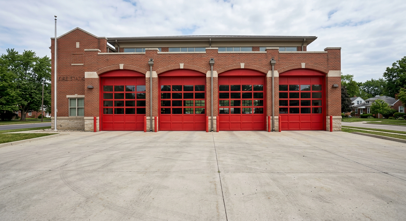 Row of large red commercial sectional bay doors on the front of an American fire station