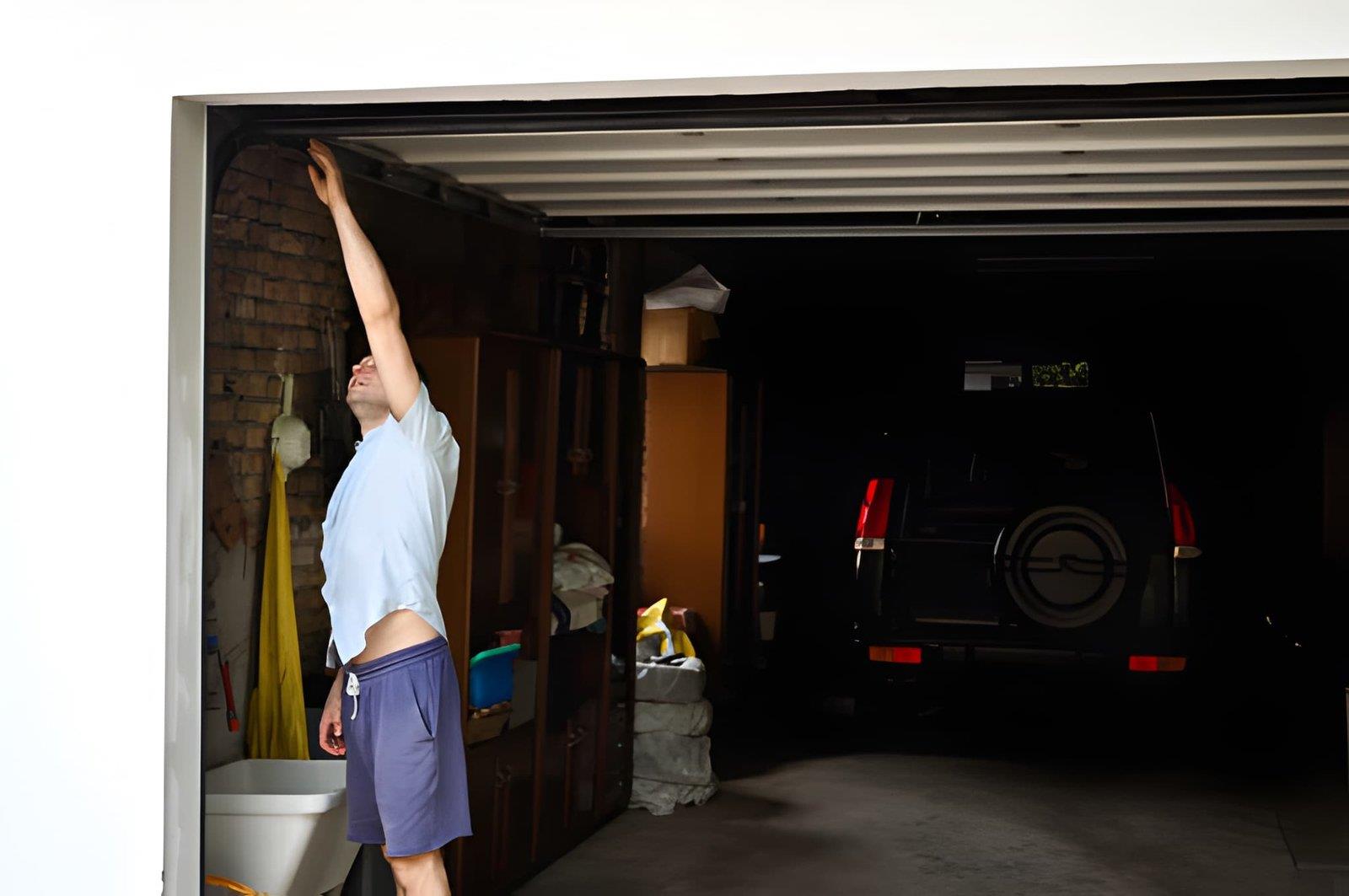 A man reaching up to inspect a garage door track