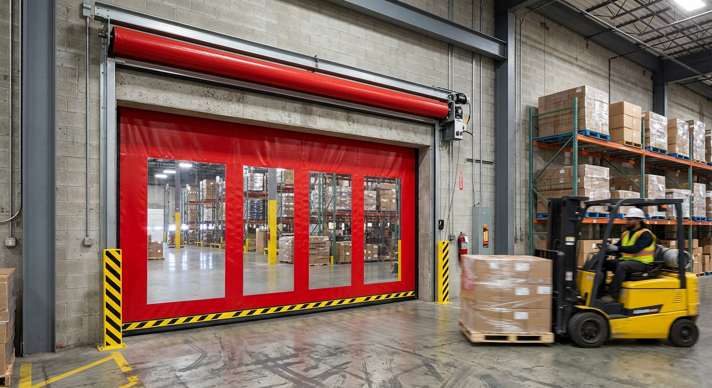 High-speed roll-up fabric commercial door between two warehouse zones in an American distribution center