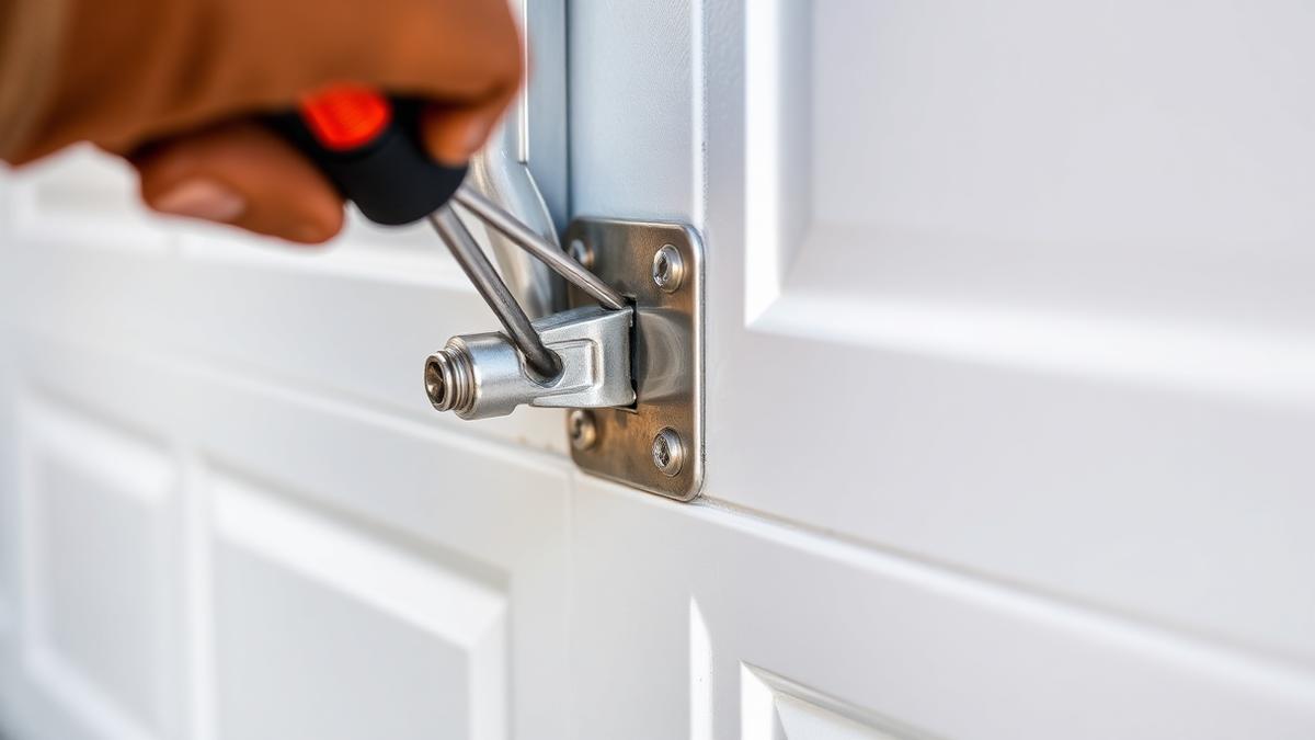 Galvanized metal hinge being secured between two panels of a white garage door