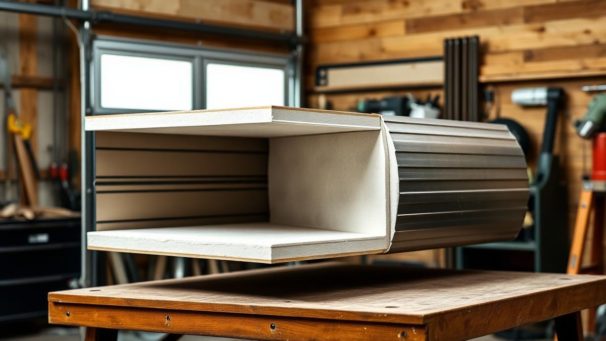 Cutaway view of an insulated garage door panel showing thick foam insulation between steel skins