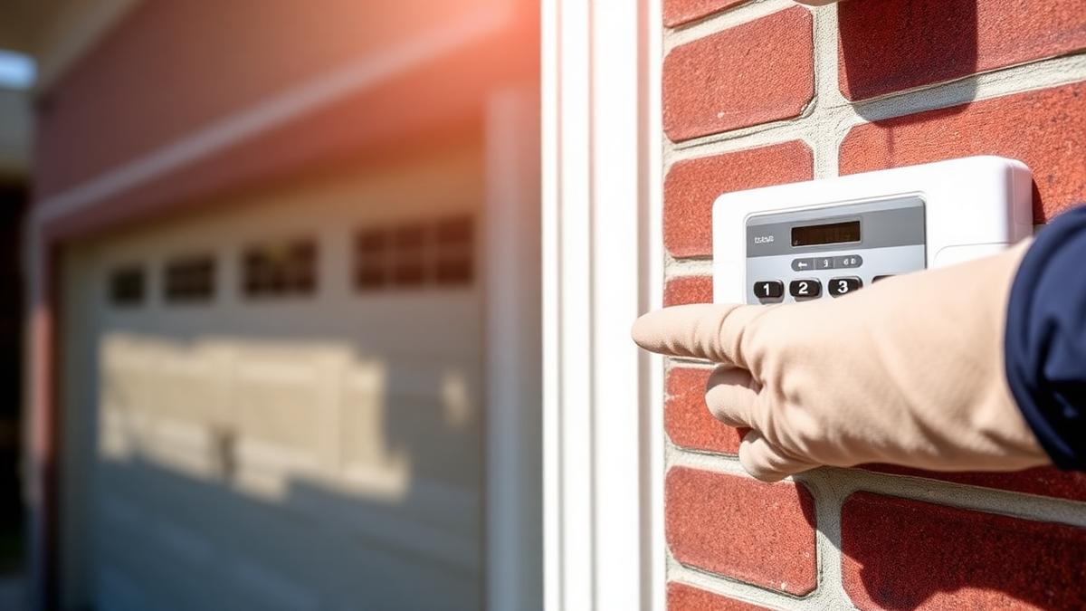 Wireless garage door keypad mounted on the brick exterior next to a residential garage door