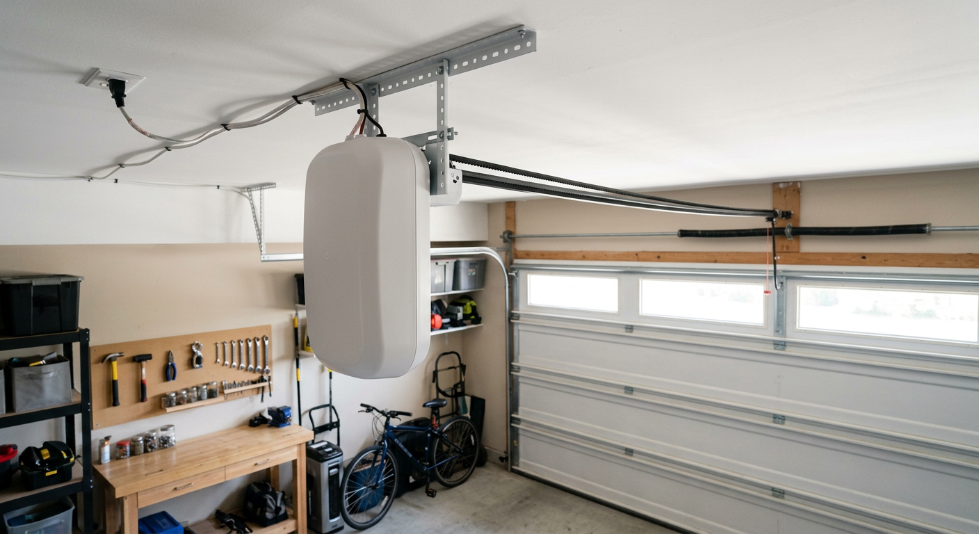 Quiet belt-drive garage door opener mounted to the ceiling of an American garage