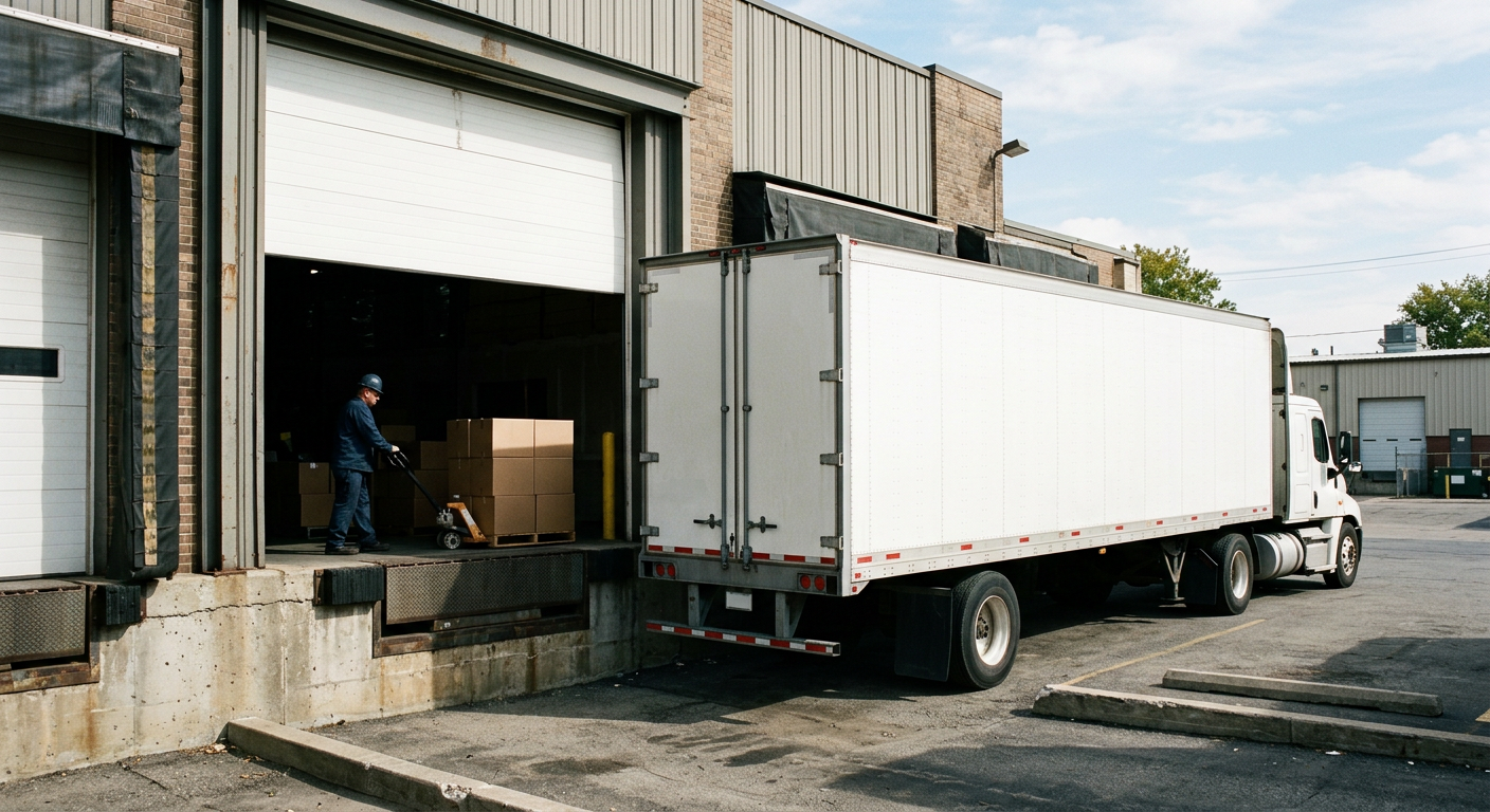 Large white commercial sectional overhead door open at a loading dock with a semi truck backed up