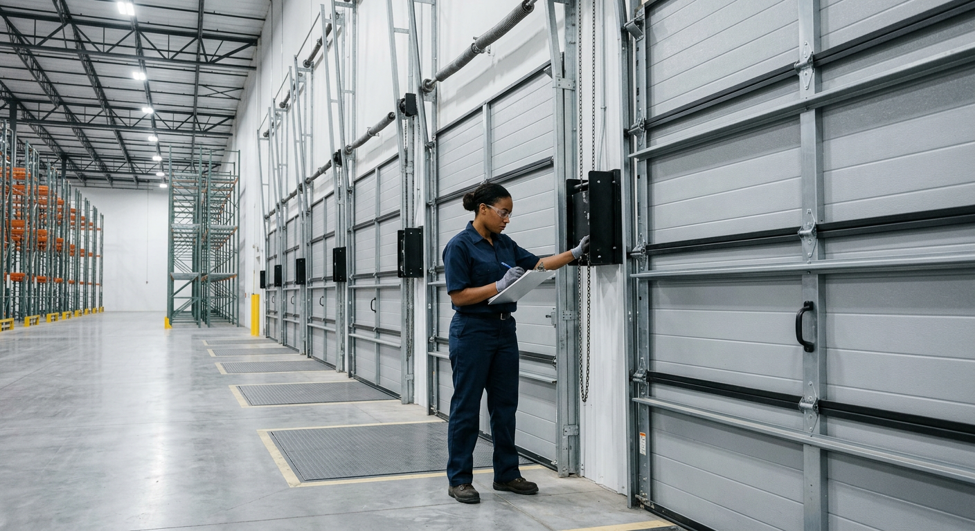 Technician with clipboard inspecting a row of commercial overhead doors inside an American warehouse
