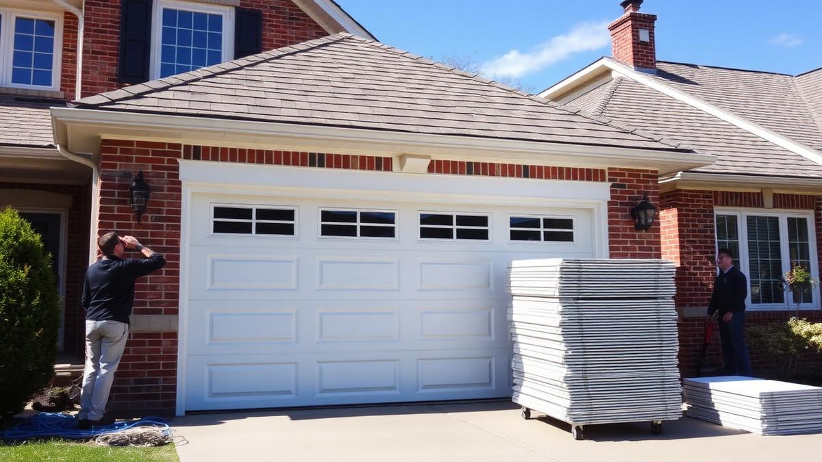Brand-new white residential garage door being installed on an American brick home