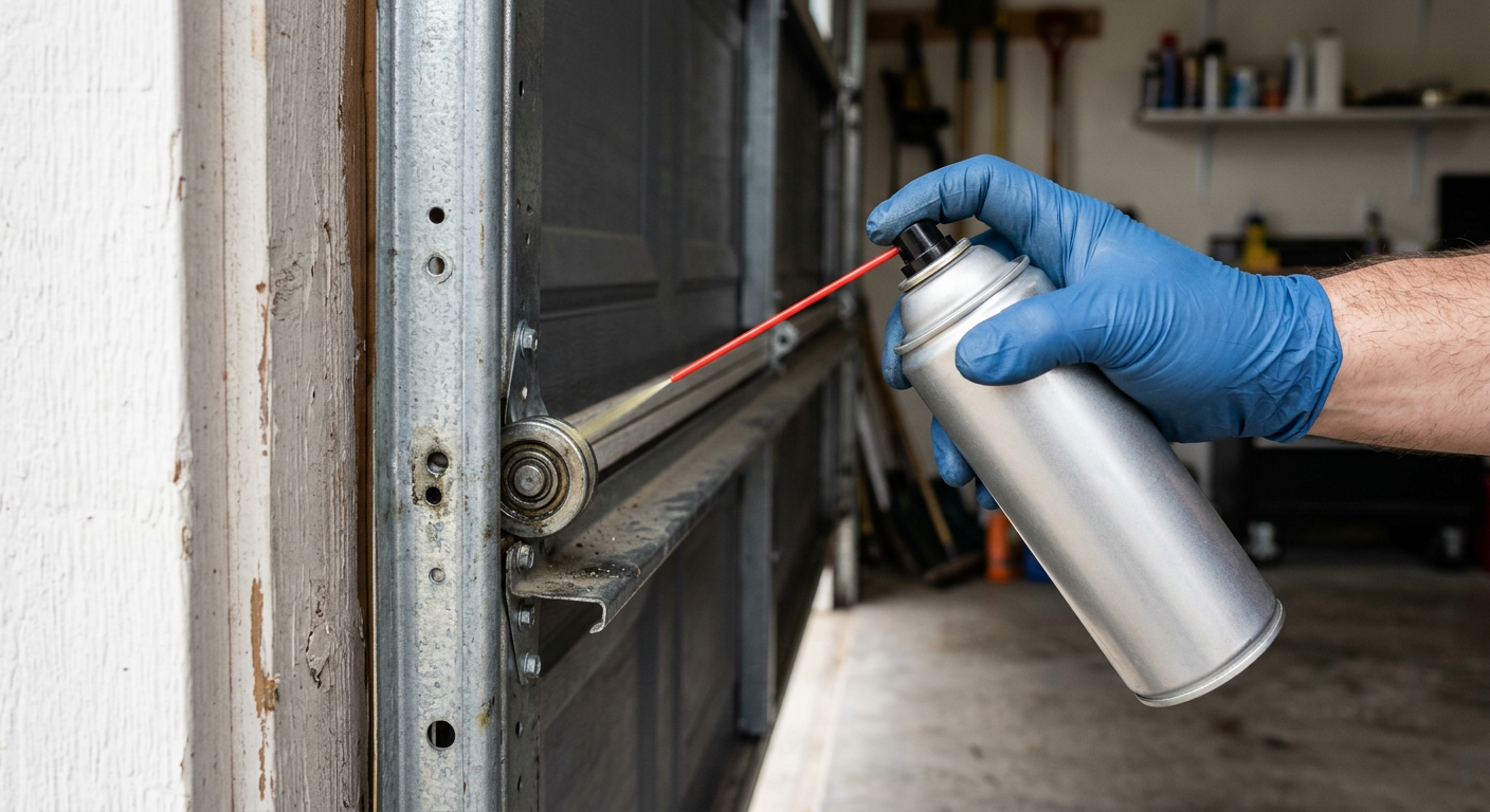 Technician applying spray lubricant to the rollers and metal track of a residential garage door