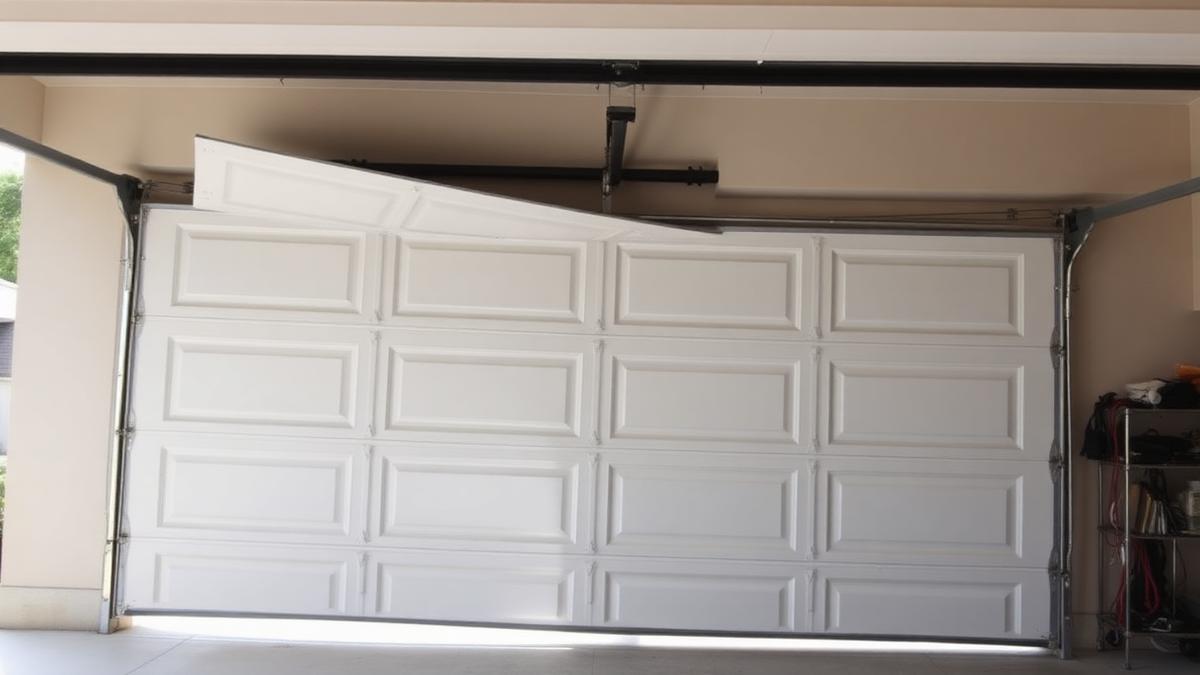 Residential white garage door come off its track inside a suburban garage