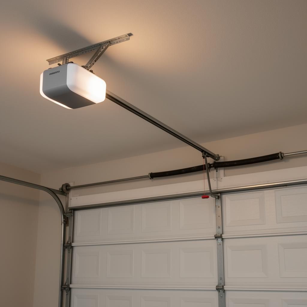 Belt-drive garage door opener mounted to the ceiling above the door
