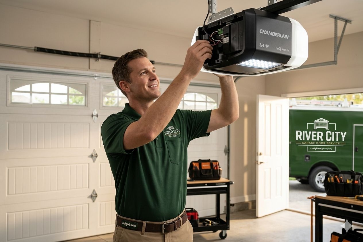 River City Garage Door Service technician in green uniform repairing a Chamberlain 3/4 HP ceiling-mounted garage door opener with branded service van visible outside