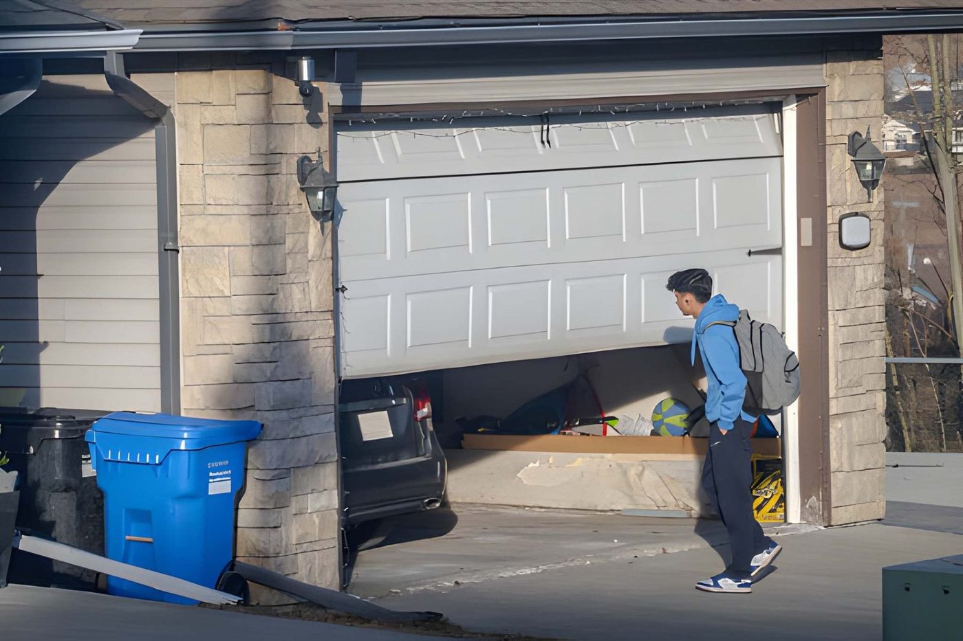 Garage door that broke overnight at an Owensboro home awaiting emergency repair.