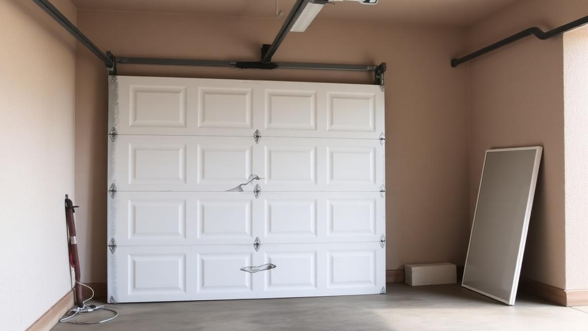 Damaged white garage door panel removed and leaning against the garage wall