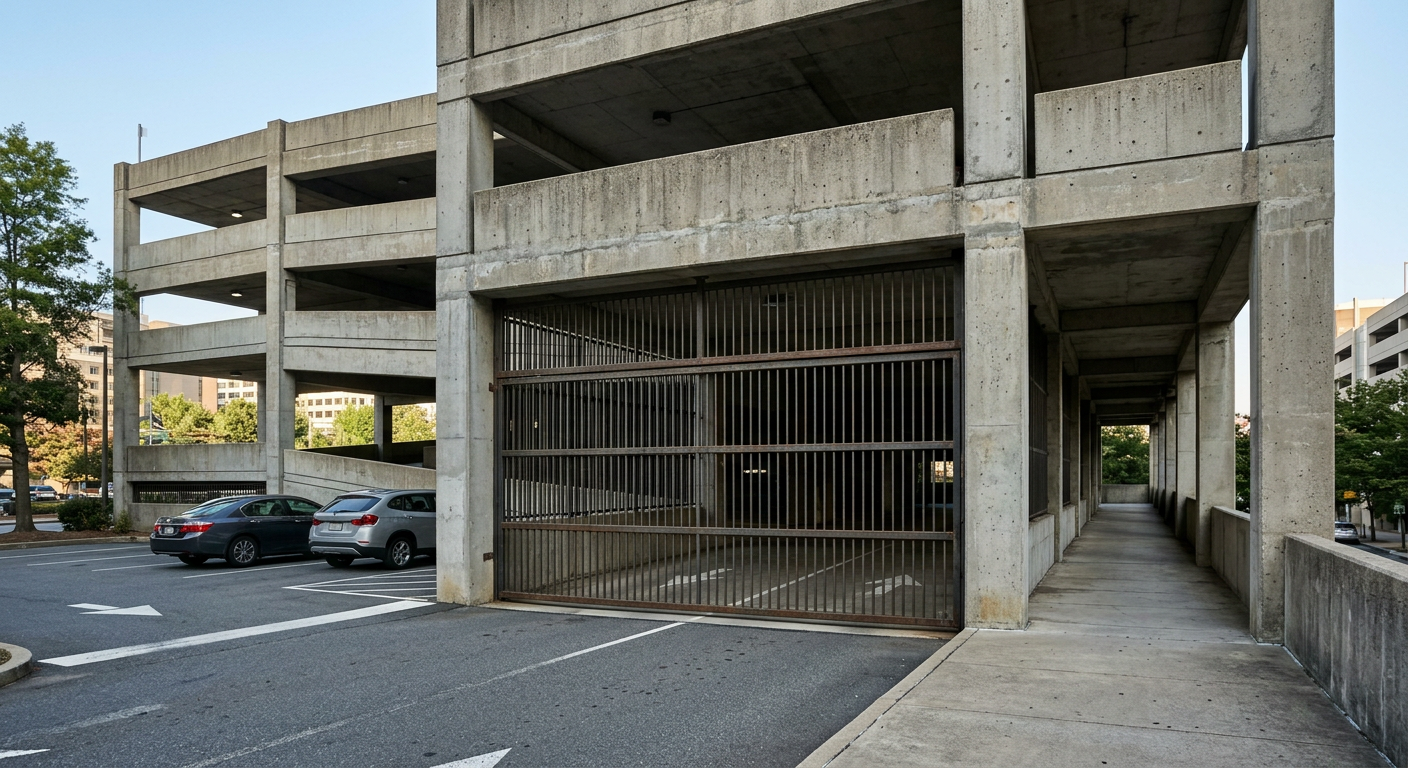 Wide grille-style overhead parking garage entry door at an American multi-level concrete parking structure