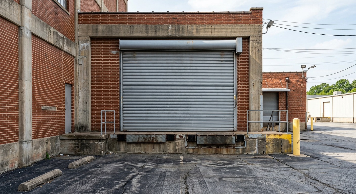 Corrugated rolling steel commercial overhead door at the loading dock of an American warehouse