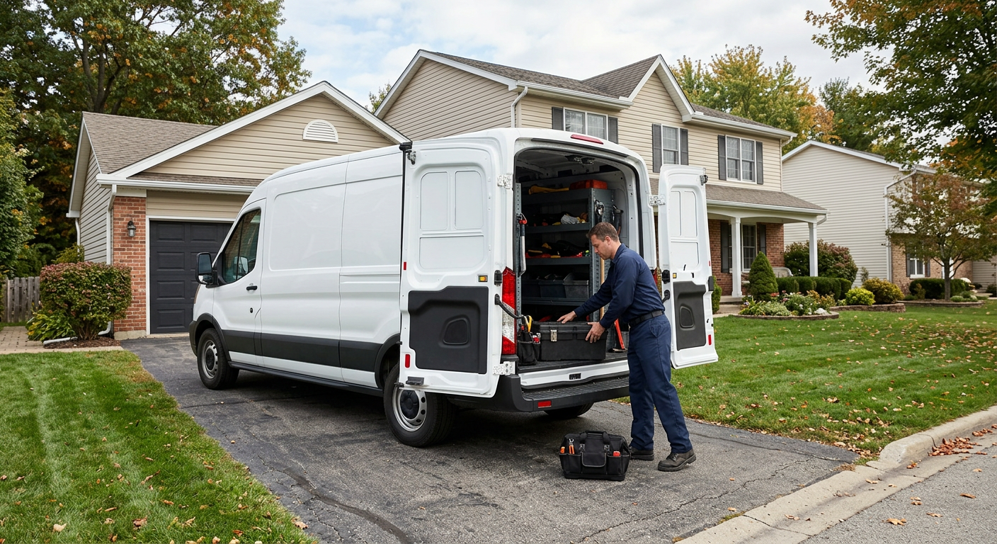 White work van in the driveway of an American suburban home, technician unloading tools