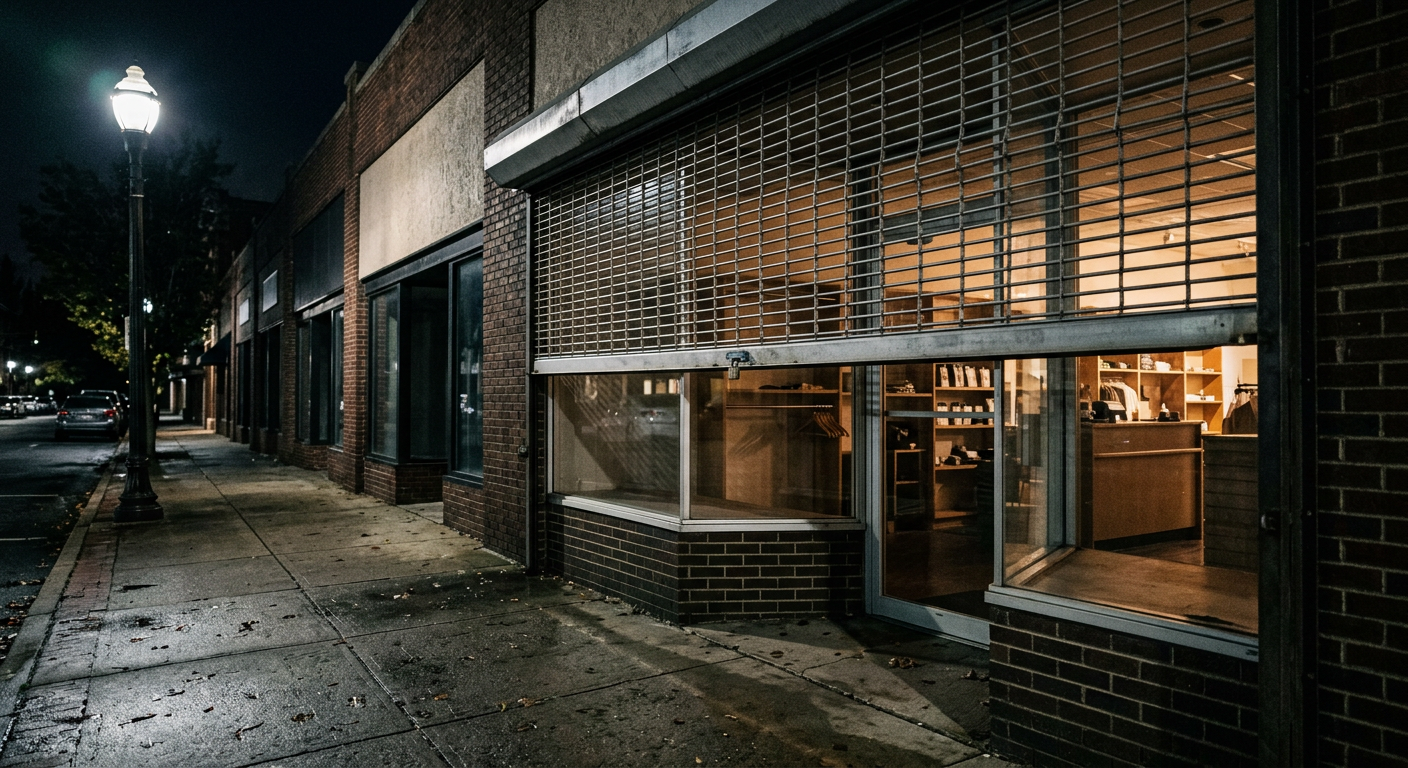 Coiling steel security grille rolled down halfway over the storefront of an American commercial retail space