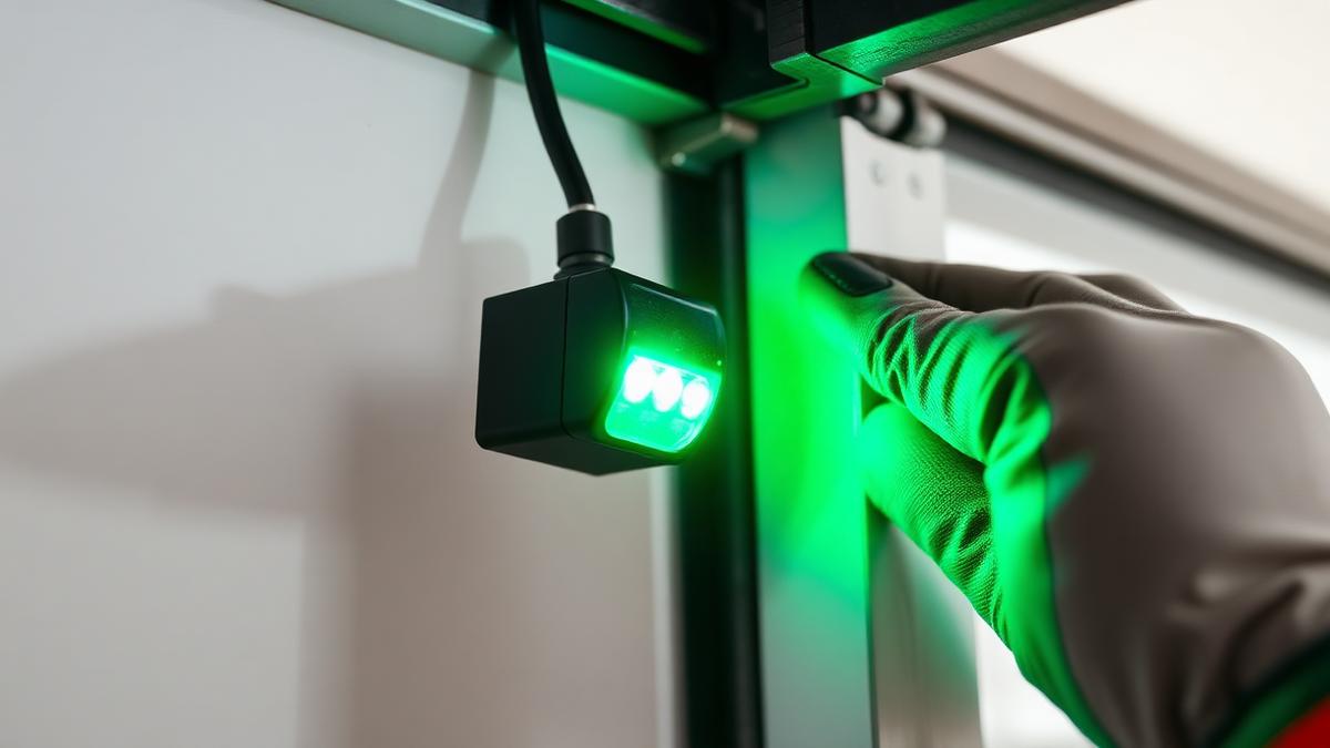 Garage door safety sensor with green LED being aligned by a technician