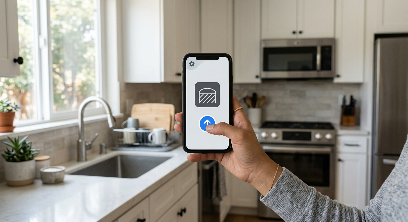 Smartphone app controlling a garage door from inside an American home kitchen