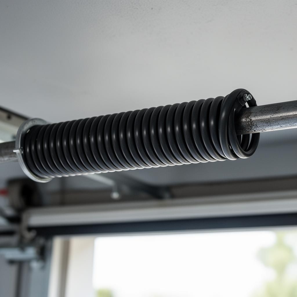 Close-up of a coiled garage door torsion spring above the door