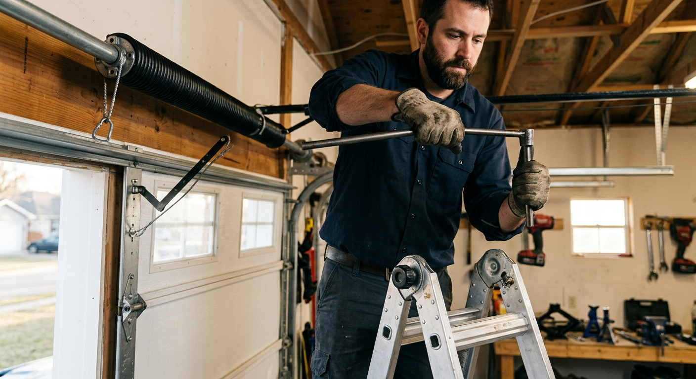 Technician installing a new black torsion spring on the shaft above a residential garage door