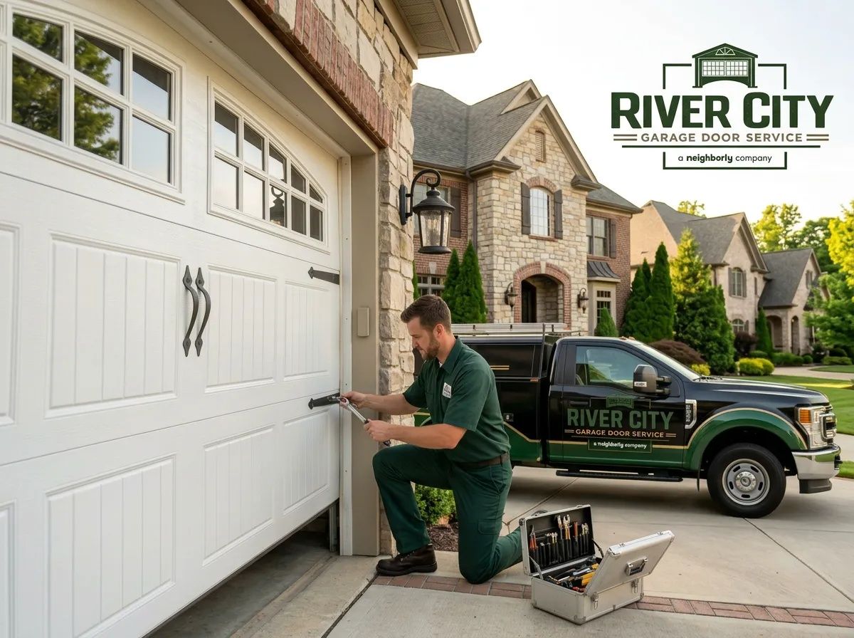 River City Garage Door Service technician in green uniform repairing a residential garage door spring with branded service truck in the driveway