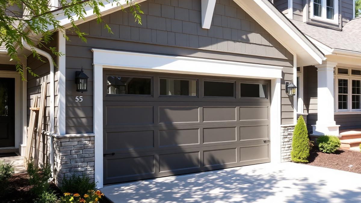 Charcoal grey contemporary steel garage door on an American craftsman-style home