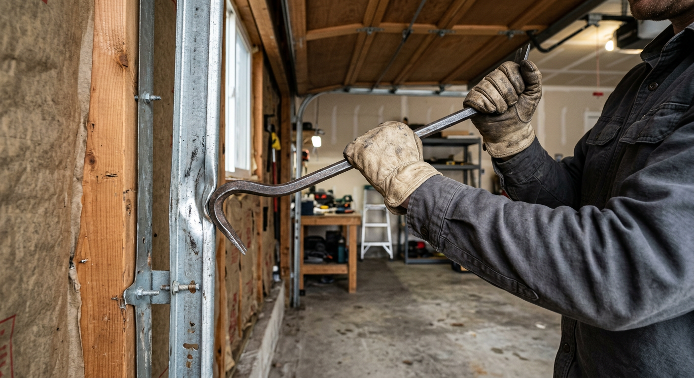 Technician straightening a dented metal garage door track with a pry bar