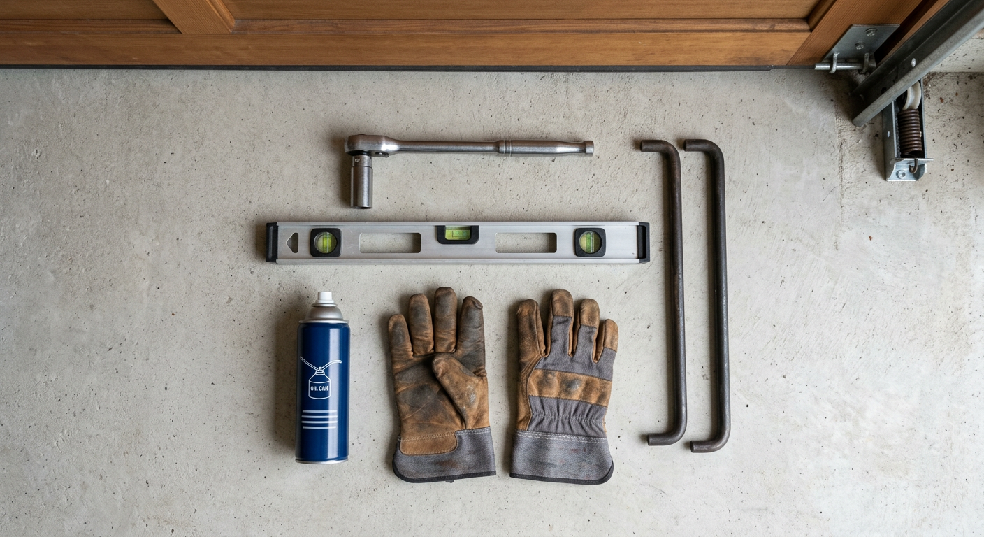 Professional garage door tune-up tools arranged on a concrete floor