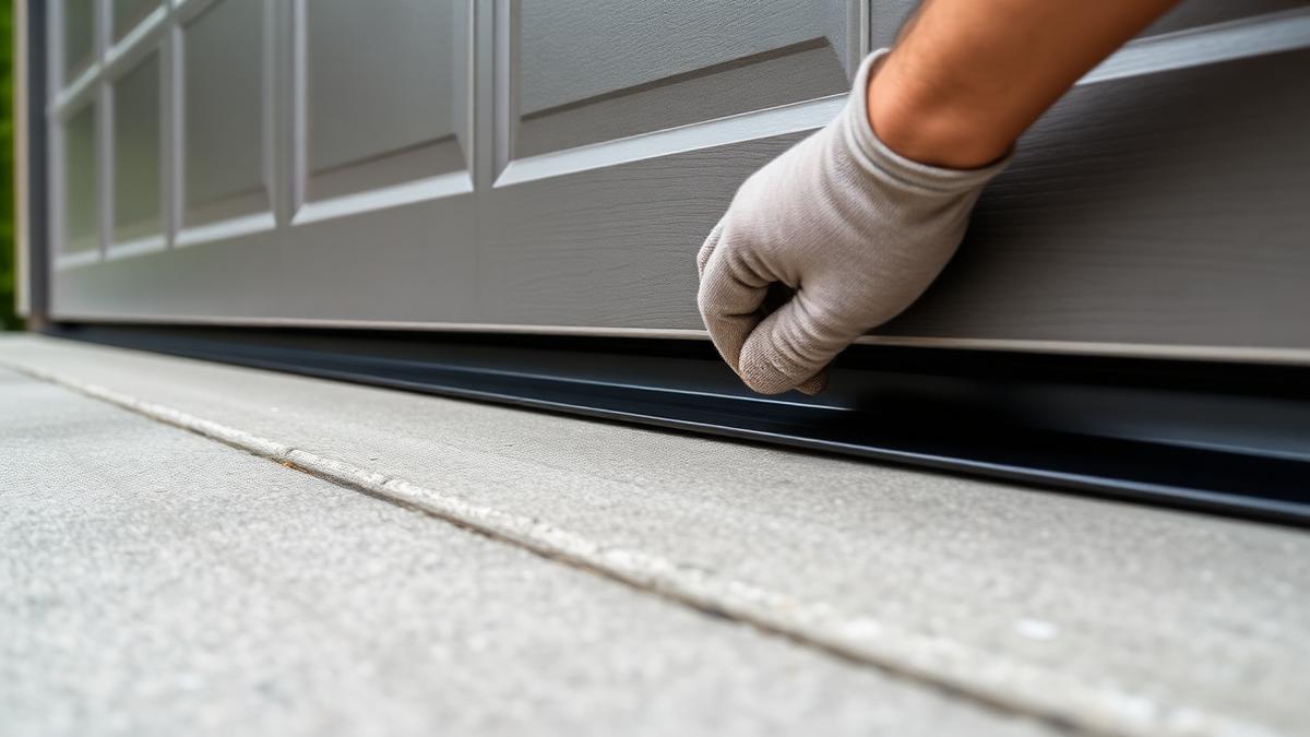 Technician installing new black rubber weather seal along the bottom of a garage door