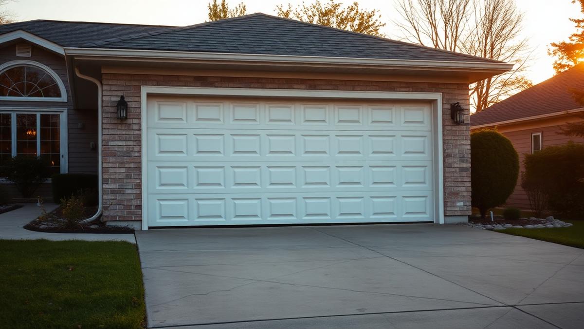 Residential garage door stuck partially closed, viewed from the driveway