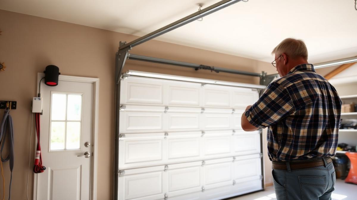 Homeowner pressing a wall-mounted garage door button while the door is stuck partially open