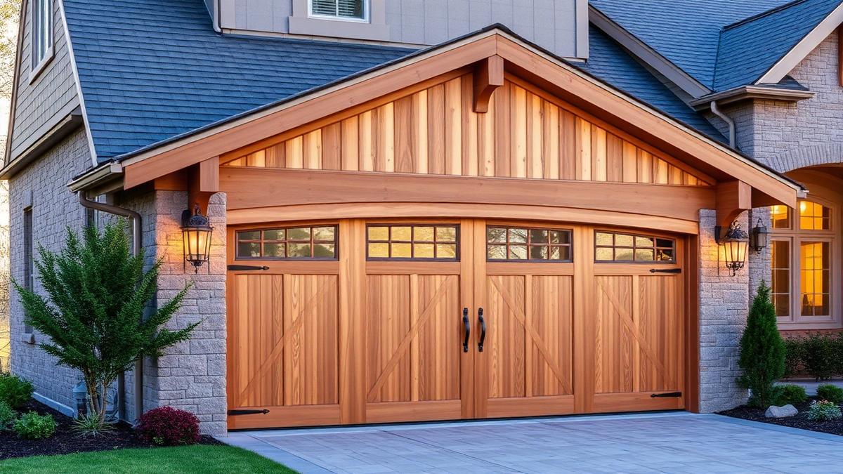 Natural cedar wood carriage-style custom garage door on an upscale American craftsman home